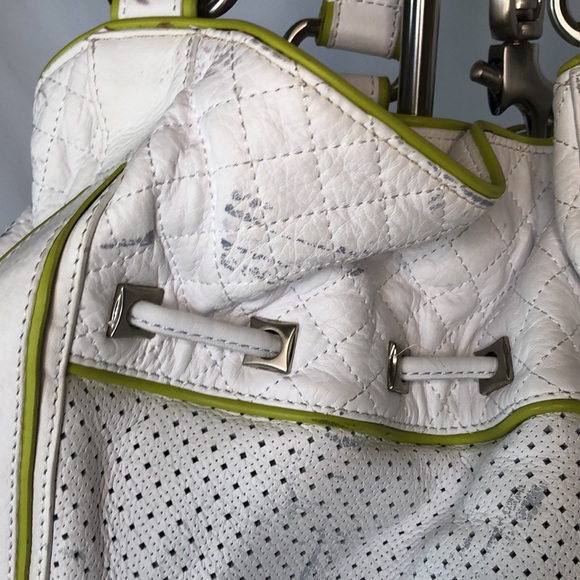 FRANCESCO BIASIA white leather lime green trimmed hobo style shoulder bag. - Picture 8 of 14